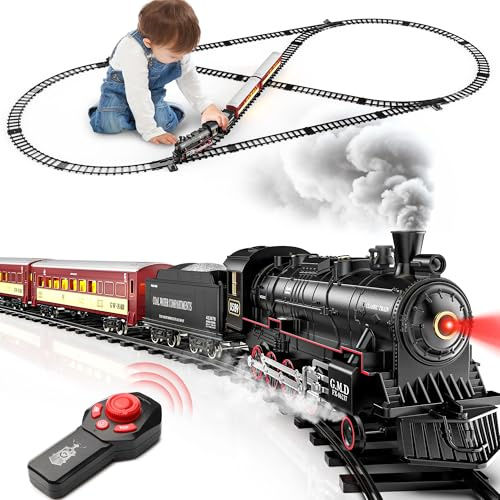 Hot Bee Alloy Remote Control Train Sets, Rechargeable Electric Steam Train Toy with Lights Sound Steam, 8 Shaped Train Track, Retro Big LED Carriages, Christmas Trainset for Under Tree for Men Adults