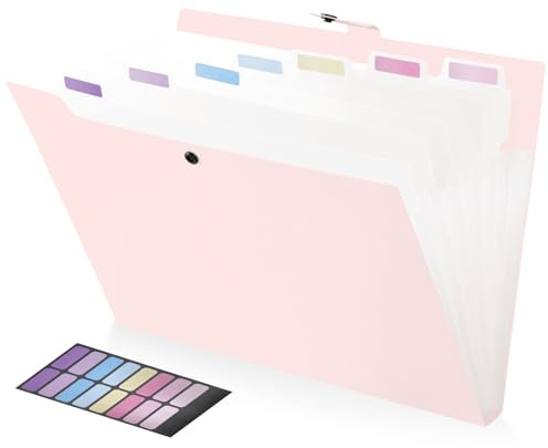 FRETONBA Raccoglitore Documenti con 8 Tasche, Cartelline Portadocumenti A4 Design Dell'etichetta, Porta Documenti Design dei Pulsanti, Portadocumenti Plastica, Divisori Raccoglitori ad Anelli, Rosa