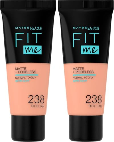 Maybelline New York, Base de Maquillaje que Calca a tu Tono Fit me! Mate y Afinaporos, Color: 238 Rich Tan (Paquete de 2)