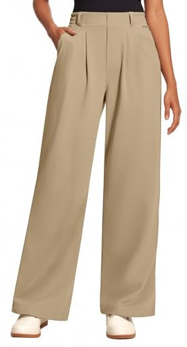 Oyamiki Straight Leg Trousers for Women Waffle Knit Stretch Waist Trousers Casual Work Palazzo Pants with Pockets Khaki S