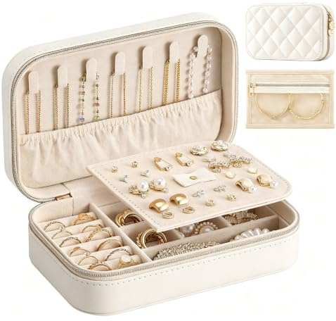 Lolalet Travel Jewelry Case for Women Girls, Travel Jewelry Organizer with Clear Storage Bag Small Portable Jewelry Box for Necklace Bracelet Earring Ring Mothers Day Birthday Gifts -Medium/Beige