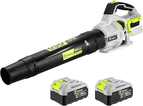 DEKOPRO Soffiatore a Batteria 20V: Soffiatore Elettrico Leggero con 2 Batterie da 4.0Ah e Caricabatterie, 650 CFM, 2 Velocità, 257km/h, per Marciapiedi, Viali, Giardino, Soffiare Foglie e Neve