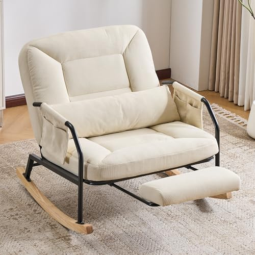 EBELLO Fauteuil Bascule Repose‑Pieds,Fauteuil Allaitement,Pieds Bois, Beige