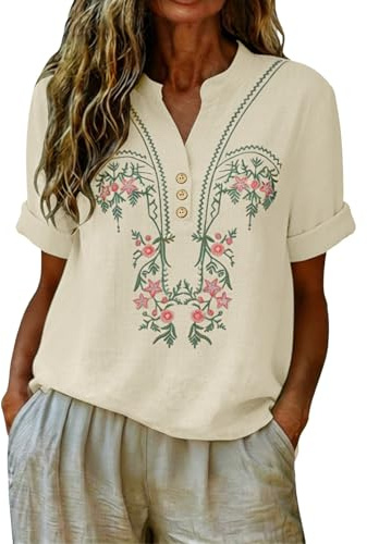 Camicia Lino Donna Maniche Corte Maglietta Coreana Camicetta con Bottoni Henley Scollo a V Camicette Estiva Leggero Curvy T Shirt Comoda Ricamo Floreale Camice Traspirante Bluse Top