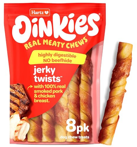 Hartz Oinkies Jerky Twists with Naturally Smoked Pork & Real Chicken Breast Dog Treats, Highly Digestible Long Lasting Dog Chews, 8 Count