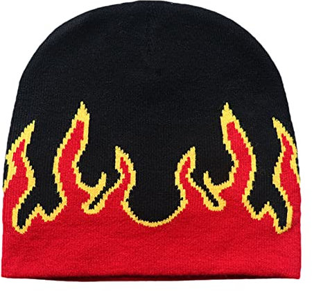 TONXX Flame Beanie Y2K Knit Skullies Slouchy Beanie Hut Feuer Grafik Mütze Rot