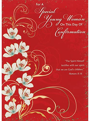 Designer Greetings The Spirit Himself Testifies: White Flowers and Swirls on Dark Red Confirmation Congratulations Card for Young Woman