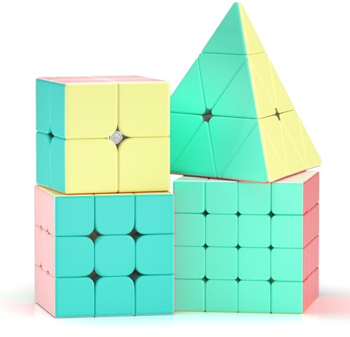 ROXENDA Speed Cube Set, 2X2 3X3 4X4 Pyramid Cube Stickerless with Instruction [4 Pack] (Macaron Cube Set)