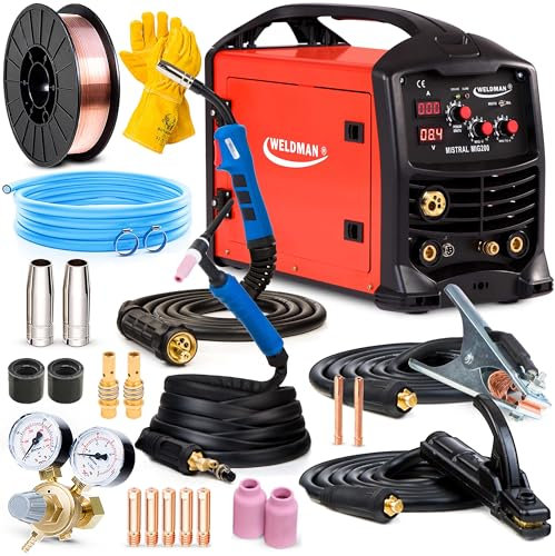 Weldman Mistral MIG200 - Poste a souder mig avec gaz et sans, 3en1 - Multi procédé : TIG MIG MMA - 60% 200A - Pour le soudage continu - Avec des torches MIG/MAG et TIG (Basic)