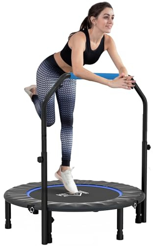 HOMCOM 40 Foldable Mini Trampoline, Fitness Rebounder Exercise Trampoline for Adults with U-Shaped Adjustable Foam Handle, for Home Workout, Indoor Outdoor Cardio Training, 150kg Capacity, Blue