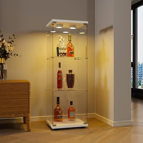 Vitrin av glas, hyllskåp, golvförvaring, transparent, modernt vitrinskåp, för bar, vardagsrum, sovrum, kontor (vit, 3 våningar, LED, 125 x 42 x 36 cm)