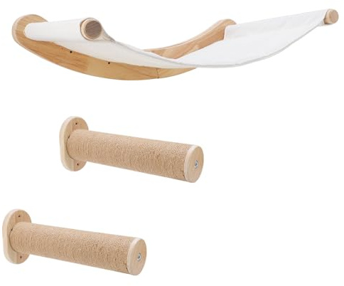 ZESTEFY Katzenhängematte Wandmontage, Kletterwand Set aus Massivholz mit Katzentreppe - Stabiles Katzenbett, Raumsparendes Katzenmöbel für Schlafen, Klettern und Ausruhen (Katzenhängematte+2 Leiter)