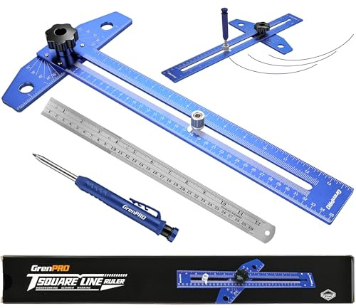 GRENPRO Woodworking Scriber Marking Line Ruler with Carpenter Pencil & Metal Ruler, Adjustable Aluminum Alloy Sliding T-Square Ruler, Measuring Angle Finder with Adjustment Scale,Drawing Aid Rule tool
