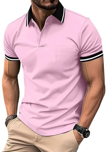 ZITY Polo Homme Manches Courtes Respirant T Shirt Eté Polo Golf Homme Respirant Tee Shirt Séchage Rapide Tshirt Tennis Rose 3XL