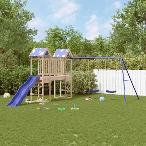 Ordellia Torre de juego de madera de pino maciza con tobogán ondulado, columpio doble, caja de arena y plataforma de 90 cm, juguete de jardín para niños de 3 a 8 años