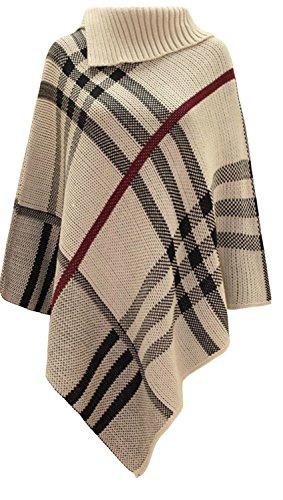 AHR Manchester LTD New Ladies Tartan Poncho 3 Buttons Plain Checked Knitted Cardigan Womens Plus Size Roll Neck Cape Shawl Top (One Size (UK 8-26), Beige)