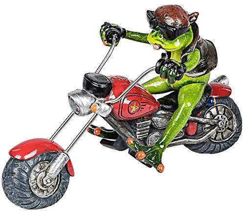 Formano Deko-Frosch 'Biker', Länge: 22 cm, aus Kunststein, Hellgrün-Grau, 1 Stück, von Hand Gefertigt und Bemalt