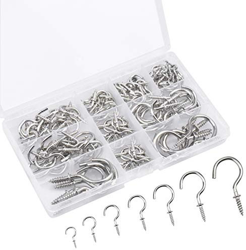 120 Pièces Crochets à Visser, Taille Mixte Plafond Vis Crochet Métal Nickelé, Crochets Cintres à Vis pour Tasses Plante Muraux Usage D'intérieur et de Plein Air, 7 Tailles (Argent)