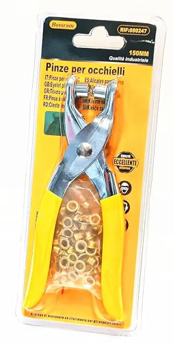 Herran Ösenzange, 150 mm, 95 g, mit 100 Ösen (4 mm x 5 mm), Gelber Griff, Maximale Dicke 0,5 mm