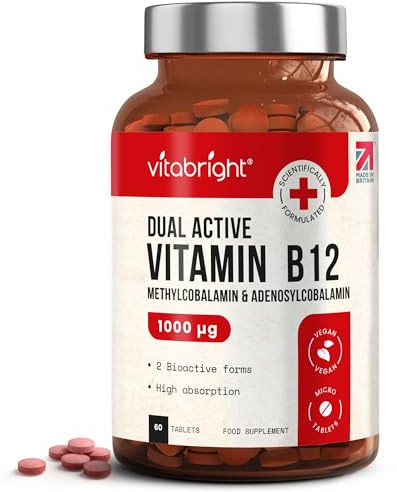 Vitamin B12 Tablets | High Strength 1000mcg Methylcobalamin and Adenosylcobalamin | Methylated Vitamin B 12 Complex | Vegan Tablets (Not Liquid, Not Spray) | VitaBright