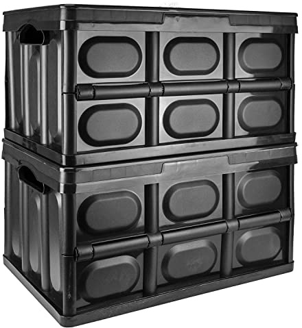 TekBox 56L Black Storage Box with Lid Folding Stackable Crate Tub (2) | Measures 53cm x 36cm x 29.5cm, Collapses down to 7cm, Made from lightweight plastic