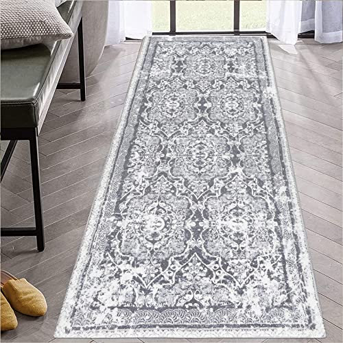 Enyhom Teppich Läufer Flur 50 x 150cm Klassisch Flauschig Weich Langer Läufer Waschbar Kurzflor Küchenläufer Hochwertig Teppich Küche Bettvorleger für Flur Waschküche, Grau