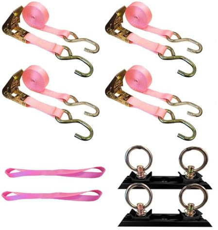 Mega Cargo Control S Hook Ratchet Straps, 1 x 6' Heavy Duty Securing Straps, 333 LBS Load Capacity | Utility Tie Downs for Cargo, Appliances, ATV, Motorcycle - 4 Set Bundle; Pink