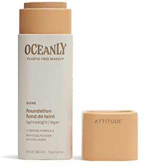 ATTITUDE Oceanly Plastic-Free Light Coverage Foundation Stick, Titanium Dioxide-Free, EWG Verified, Vegan Makeup, Dune, 12 grams