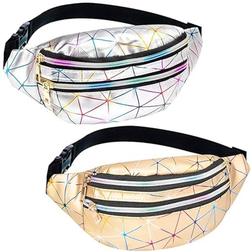 Bauchtasche Gürteltasche, 2 STK wasserdichte Hüfttasche Glitzer PU Leder Verstellbarer Gurt für Damen und Herren Party Festival Sport Outdoor Travel Gold Silber