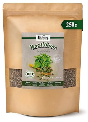 Biojoy Ekologisk basilika, torkad, grovsmulad, krydda, 250 g | Från Egypten, perfekt för te, matlagning eller kryddning, Ocimum basilicum L.