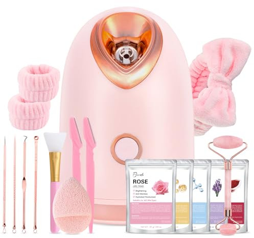 Pjordo Facial Steamer Spa Kit with 7 Skin Care Tools, Nano Ion Facial Steamer for Deep Cleansing, Clogged Pores, Hot Mist Humidifier