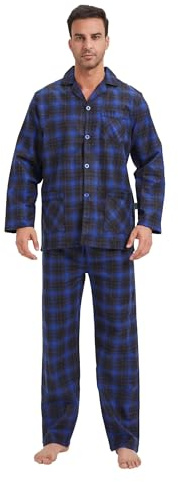 GLOBAL Mens Pyjama Sets 100% Cotton Soft Flannel Pjs Long-Sleeve Top Elastic and Drawstring Bottoms Blue Black Plaid L