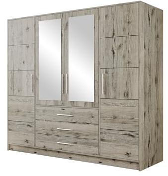 Mirjan24 Drehtürenschrank Bado 4D, Kleiderschrank mit Spiegel, Schubladen und Spiegeltüren, Elegantes Schlafzimmer Schrank, Jugendzimmer (Wellington Eiche)