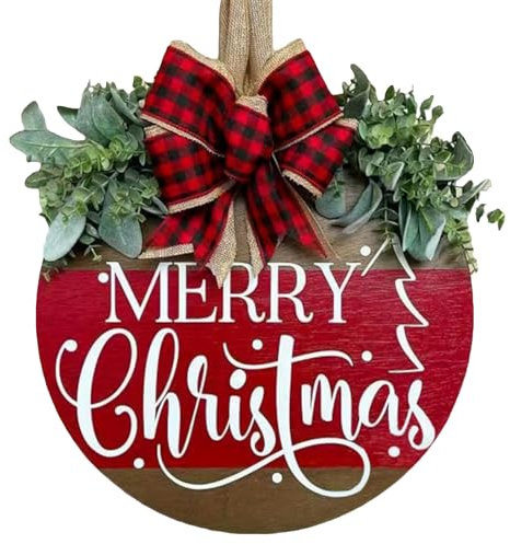 Merry Christmas Door Hanger Sign for Front, Chrismas Welcome Wooden Wreaths Sign with Bow for Winter Farmhouse Garden Porch Decorations (Christmas Door Sign)
