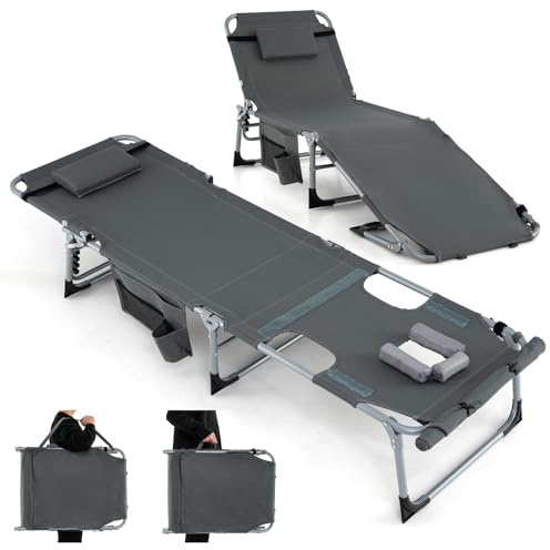 COSTWAY Bain de Soleil Pliable Inclinable à 5 Positions, Charge 150kg, Transat de Plage Pliable, Trou pour Visage, Appui-tête Amovible, Porte-gobelet et Poche, Chaise Longue pour Jardin Plage(Gris)