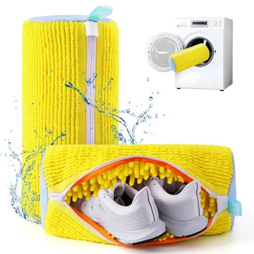 2pcs Shoe Washing Machine Bag, Shoe Washing Bag for Washer and Dryer, Invisible Zipper Side Opening, Shoe Laundry Bags for Sneakers, Reusable Shoe Cleaning Bag for All Shoe Sizes (Yellow)