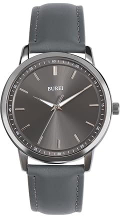 BUREI Orologio da uomo in pelle marrone alla moda minimalista orologio da polso analogico al quarzo relojes para Hombres, regalo per gli uomini, Grigio, Alla moda, classico, multifunzionale, facile da