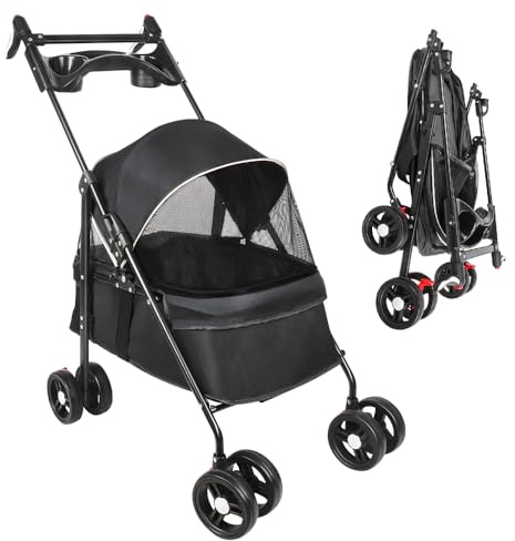 Cochecito para perro de 4 ruedas con tirantes, cochecito para mascotas de tamaño pequeño y mediano, carrito de viaje plegable para mascotas, 50 x 70 x 95 cm, color negro
