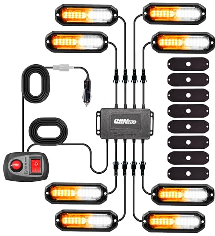 WINECO 8PCS LED Strobe Lights 12V Sync Feature Amber White 12LED Emergency Hazard Warning Lights with Strobe Controller for Trucks Vehicles ATV RV Cars Van