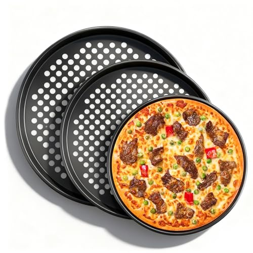 BJHYIZ 3 Pcs Pizza Trays for Oven Non Stick, 26/29/32cm Pizza Oven Tray Carbon Steel Pizza Pan Perforated Round Trays Baking for Crispy Base Even Heating