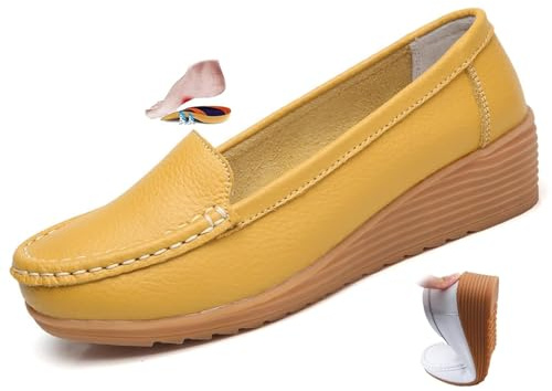 Mocassins orthopédiques pour femmes en cuir respirant, mocassins orthopédiques à talon compensé classiques, mocassins décontractés à enfiler pour le travail, le bureau, les soins infirmiers, jaune, 39