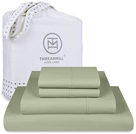 Threadmill Bettlaken aus 100% Baumwolle für volle Größe – Fadenzahl 600, komplettes Bettwäsche-Set mit 40,6 cm tiefer Tasche – Satingewebe, 4-teiliges Bettwäsche-Set mit kühlendem Effekt, Salbeigrün