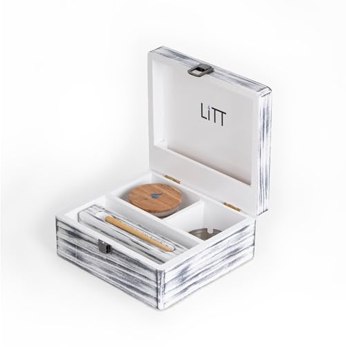 LITT Small Stash Box – Premium Wooden Storage Organiser with Lock, Airtight Smell-Proof Container, Resealable Mylar Bags, Rolling Tray & More – Grey Colour