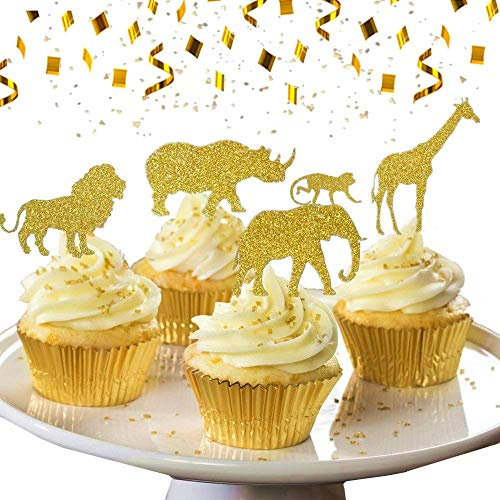 JeVenis 30 Stück Gold Glitter Dschungel Safari Tier Cupcake Topper Dschungel Tiere Kuchen Dekorationen für Dschungel Safari Tiere Party Baby Duschen