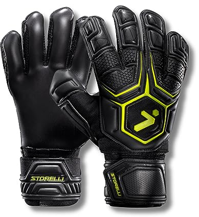 Storelli Gladiator Pro 3.0 Goalkeeper Gloves, Breathable High-Impact Hand Protection with 5 Removable Finger Spines, Premium Hand Grip for Soccer Goalies, 1 Pair, Black & Yellow, Size 9