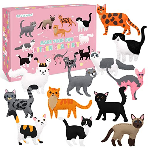 CiyvoLyeen Cat Sewing Kit for Kids –Ages 7 8 9 10 11 12 Kitten Plush Toys Arts & Crafts Set for Beginners, Learn to Sew Gifts Idea for Girls & Boys, Felt 12PCS