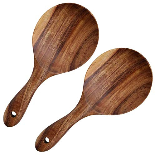 EORTA 2 Pack Rice Paddle Spoon Natural Wood Non-stick Rice Scooper with Round Shallow Head Food Service Spoon Kitchen Utensils for Rice Potato Salads Desserts, 7 Inch