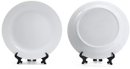 MR.R Juego de 2 platos planos de cerámica blanca para sublimación con soporte, platos de porcelana, 20,32 cm para postre o ensalada, sin plomo, seguro en microondas, horno y congelador
