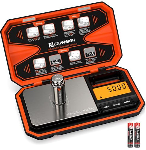 UNIWEIGH Balance numérique de poche 200g/0.01g,mini balance alimentaire avec poids de calibrage de 50g,pour la cuisine,les poudres,les herbes,les bijoux,les pièces de monnaie (batterie incluse) Orange