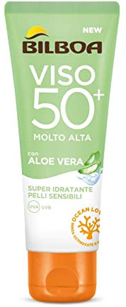Bilboa, Protezione Solare Viso Aloe Sensitive SPF 50+, Crema Solare Alta per Pelli Sensibili, Formula con Aloe Vera, Protegge e Idrata le Pelli Sensibili, Senza Alcool, Resistente all'Acqua, 50 ml